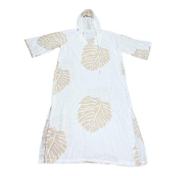 Honorine Cotton Leaf Print Hooded Macadamia White Beige Caftan Small - Picture 2 of 5